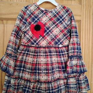 Plaid Long Sleeve Dress with Red Bow